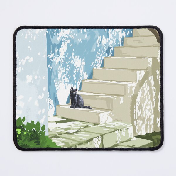 Item preview, Black cat on the steps Poster, Greece Santorini summer travel pet painting designed and sold by 83oranges.com.