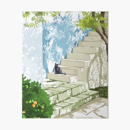 Item preview, Black cat on the steps Poster, Greece Santorini summer travel pet painting designed and sold by 83oranges.
