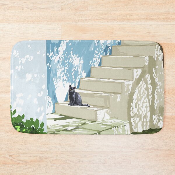 Item preview, Black cat on the steps Poster, Greece Santorini summer travel pet painting designed and sold by 83oranges.com.