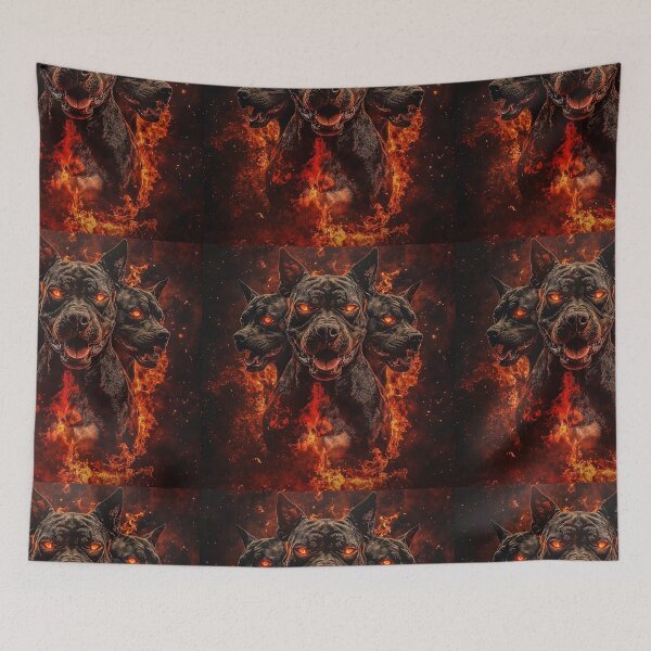 Item preview, Fierce Three-Headed Hellhound Surrounded by Flames Mythical Cerberus with Glowing Eyes and Fire Fiery Cerberus Guarding the Underworld designed and sold by Anastasiia Yurevych.