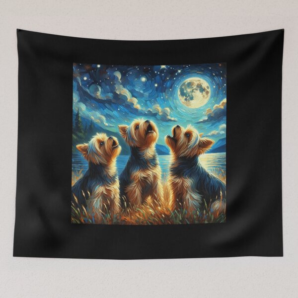 Item preview, Starry Night Three Yorkshire Terriers Howling at Moon Dog Lover designed and sold by Kimberley King Art  King Art.
