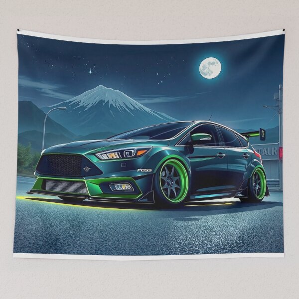 Item preview, Black Green Tuned Ford Focus in the Mountains in the Moonlight designed and sold by Salimgor Hangaround Music.