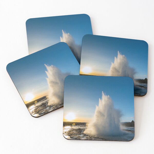 Item preview, Geysir Strokkur in Iceland spews water towards sunrise designed and sold by Sonja Birkelbach.