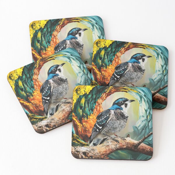Item preview, A Common Cuckoo bird sitting on a tree branch against a swirling painterly textured backdrop designed and sold by EmeraldeaArt.
