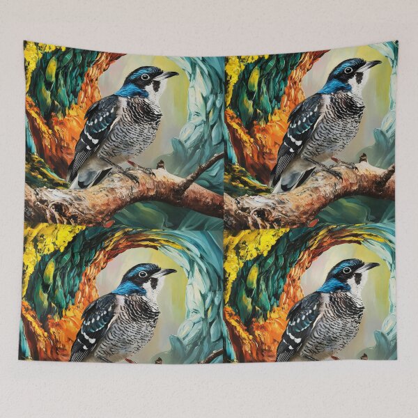 Item preview, A Common Cuckoo bird sitting on a tree branch against a swirling painterly textured backdrop designed and sold by EmeraldeaArt.