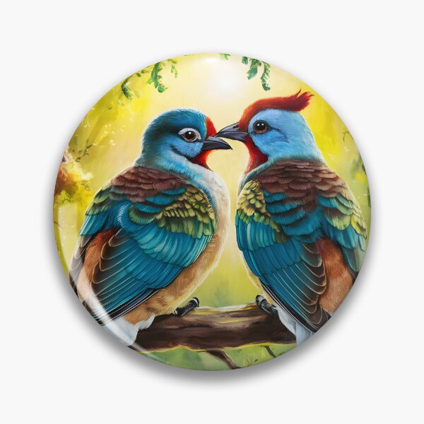 Item preview, Bird Couple -Two Cuckoo kind of like birds on a branch in a painterly forest designed and sold by EmeraldeaArt.
