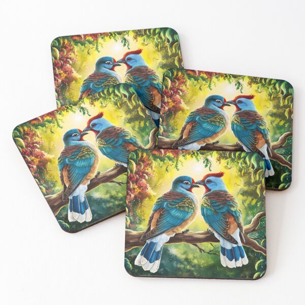 Item preview, Bird Couple -Two Cuckoo kind of like birds on a branch in a painterly forest designed and sold by EmeraldeaArt.