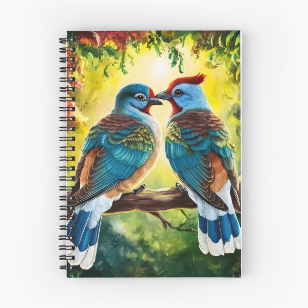 Item preview, Bird Couple -Two Cuckoo kind of like birds on a branch in a painterly forest designed and sold by EmeraldeaArt.