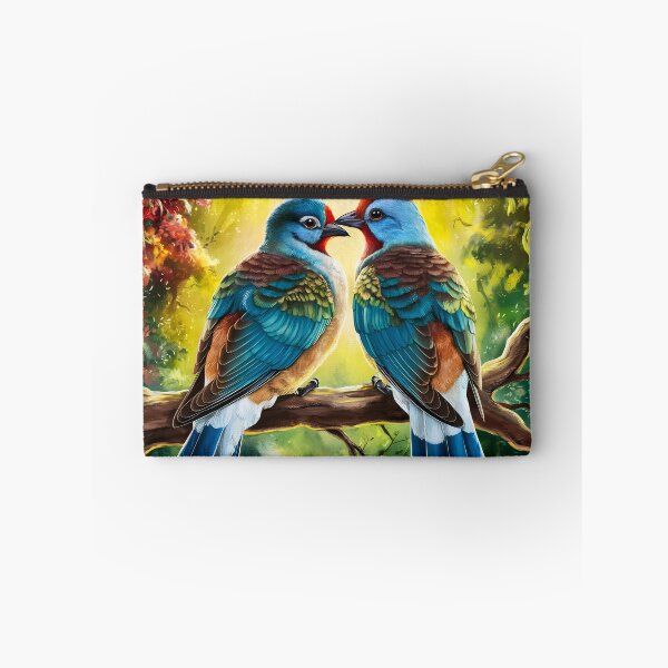 Item preview, Bird Couple -Two Cuckoo kind of like birds on a branch in a painterly forest designed and sold by EmeraldeaArt.