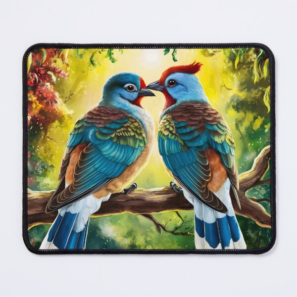 Item preview, Bird Couple -Two Cuckoo kind of like birds on a branch in a painterly forest designed and sold by EmeraldeaArt.