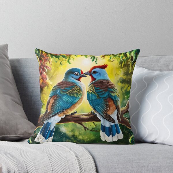 Item preview, Bird Couple -Two Cuckoo kind of like birds on a branch in a painterly forest designed and sold by EmeraldeaArt.