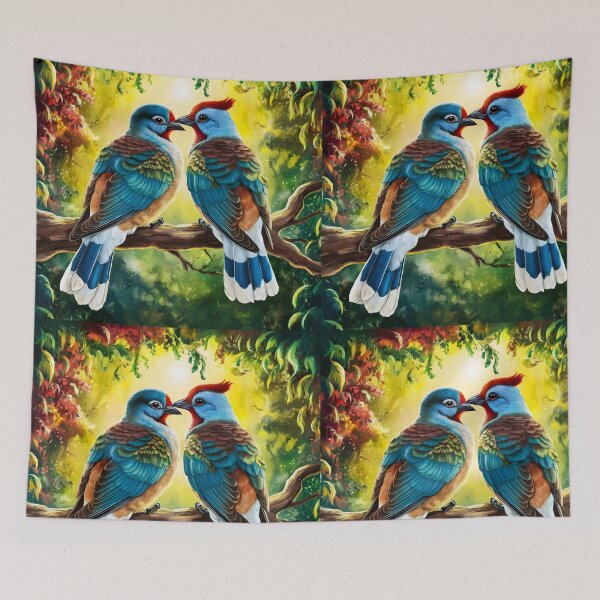 Item preview, Bird Couple -Two Cuckoo kind of like birds on a branch in a painterly forest designed and sold by EmeraldeaArt.