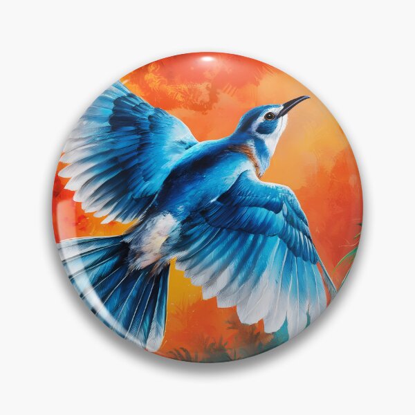 Item preview, A Cuckoo inspired blue bird flying with spreaded wing on an orange painterly sunset landscape designed and sold by EmeraldeaArt.