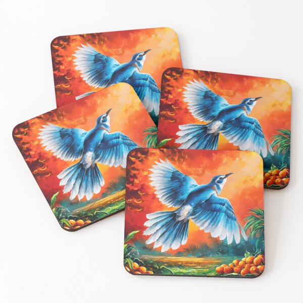 Item preview, A Cuckoo inspired blue bird flying with spreaded wing on an orange painterly sunset landscape designed and sold by EmeraldeaArt.