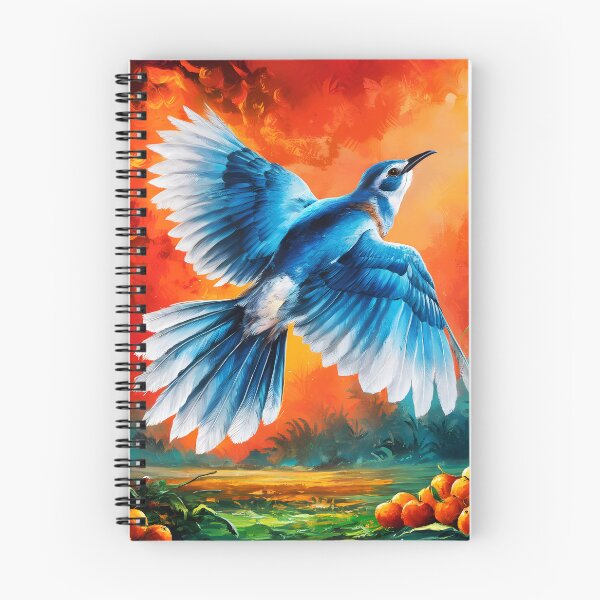 Item preview, A Cuckoo inspired blue bird flying with spreaded wing on an orange painterly sunset landscape designed and sold by EmeraldeaArt.