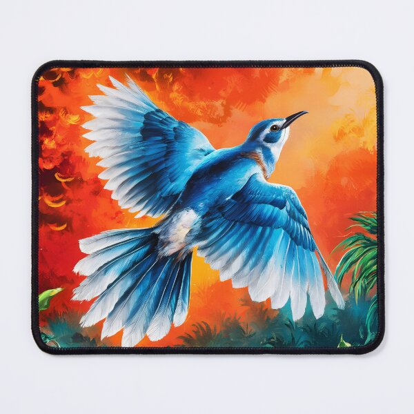 Item preview, A Cuckoo inspired blue bird flying with spreaded wing on an orange painterly sunset landscape designed and sold by EmeraldeaArt.