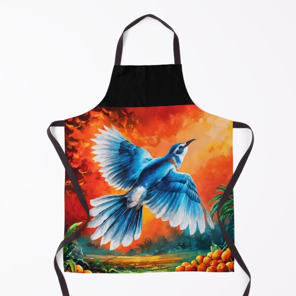 Item preview, A Cuckoo inspired blue bird flying with spreaded wing on an orange painterly sunset landscape designed and sold by EmeraldeaArt.