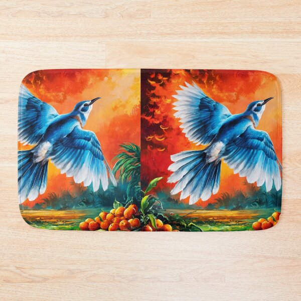 Item preview, A Cuckoo inspired blue bird flying with spreaded wing on an orange painterly sunset landscape designed and sold by EmeraldeaArt.