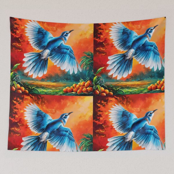 Item preview, A Cuckoo inspired blue bird flying with spreaded wing on an orange painterly sunset landscape designed and sold by EmeraldeaArt.