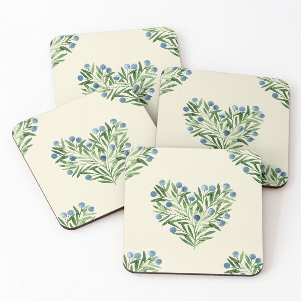 Item preview, Green watercolor heart shaped leaves bush and blueberries botanical illustration on beige background. Valentines day print designed and sold by helga-wigandt.