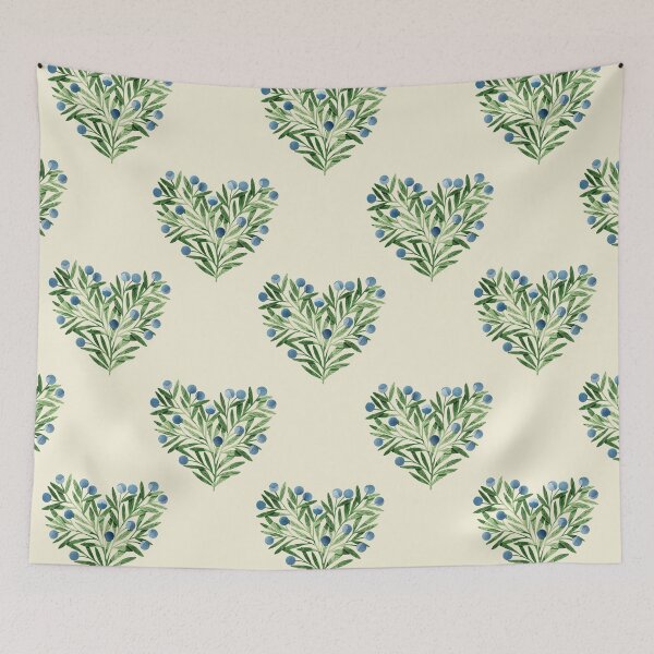 Item preview, Green watercolor heart shaped leaves bush and blueberries botanical illustration on beige background. Valentines day print designed and sold by helga-wigandt.