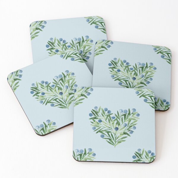 Item preview, Green watercolor heart shaped leaves bush and blueberries botanical illustration on blue background. Valentines day print designed and sold by helga-wigandt.