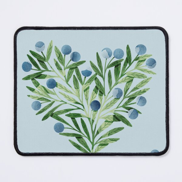 Item preview, Green watercolor heart shaped leaves bush and blueberries botanical illustration on blue background. Valentines day print designed and sold by helga-wigandt.