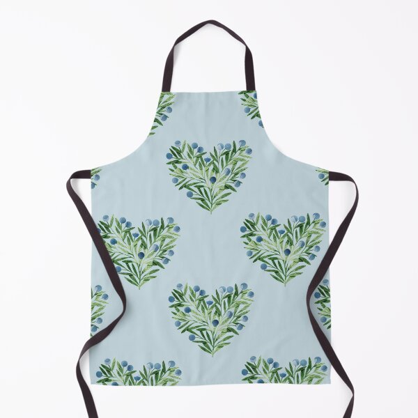 Item preview, Green watercolor heart shaped leaves bush and blueberries botanical illustration on blue background. Valentines day print designed and sold by helga-wigandt.