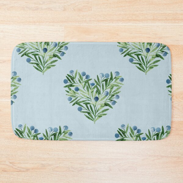 Item preview, Green watercolor heart shaped leaves bush and blueberries botanical illustration on blue background. Valentines day print designed and sold by helga-wigandt.