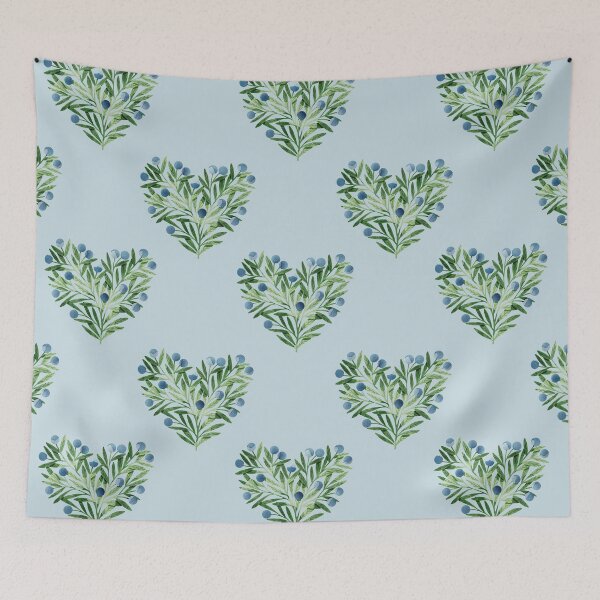 Item preview, Green watercolor heart shaped leaves bush and blueberries botanical illustration on blue background. Valentines day print designed and sold by helga-wigandt.