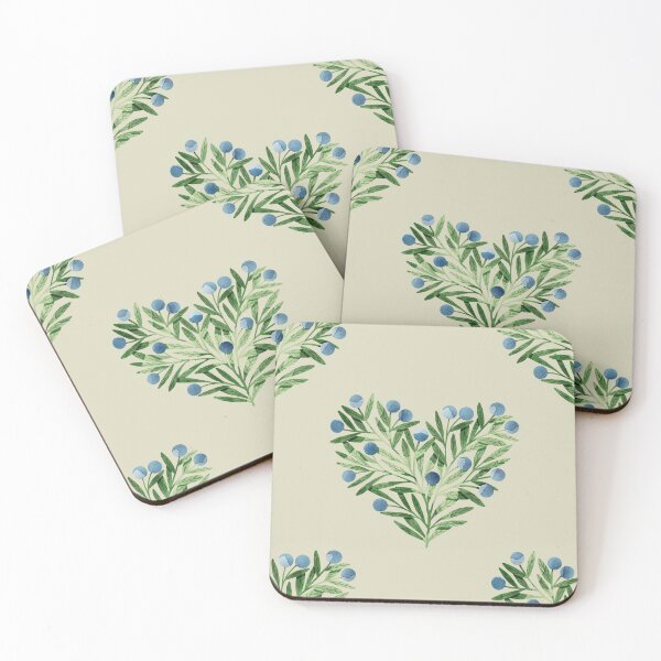 Item preview, Green watercolor heart shaped leaves bush and blueberries botanical illustration on taupe background. Valentines day print designed and sold by helga-wigandt.