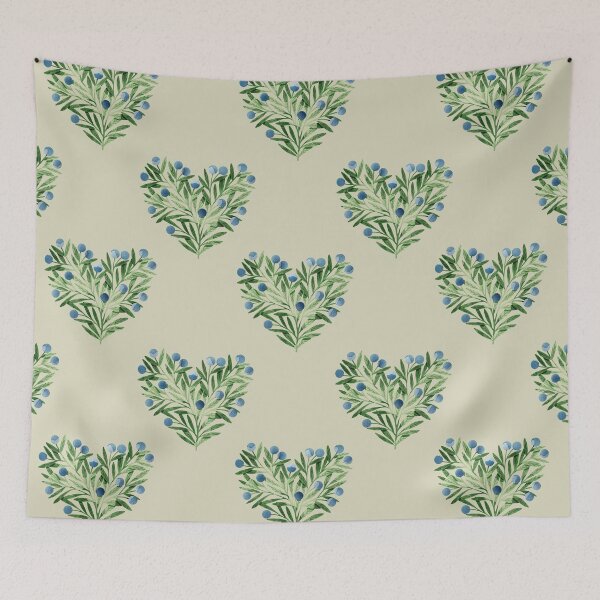 Item preview, Green watercolor heart shaped leaves bush and blueberries botanical illustration on taupe background. Valentines day print designed and sold by helga-wigandt.