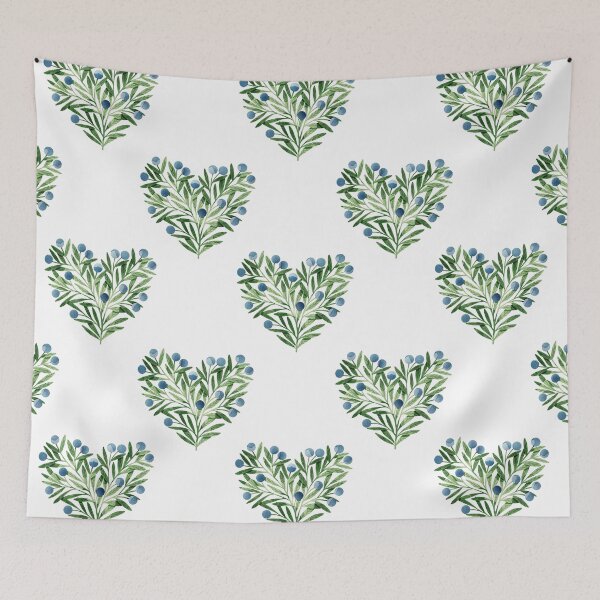 Item preview, Green watercolor heart shaped leaves bush and blueberries botanical illustration on white background. Valentines day print designed and sold by helga-wigandt.