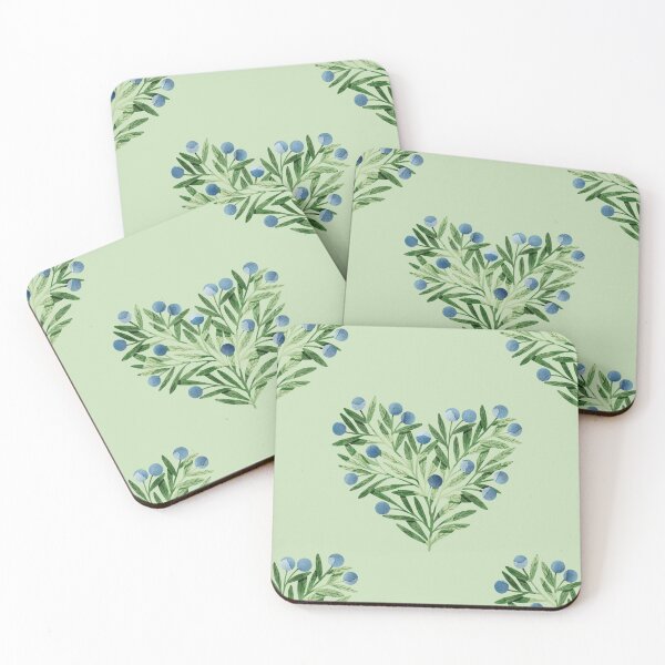 Item preview, Green watercolor heart shaped leaves bush and blueberries botanical illustration on green background. Valentines day print designed and sold by helga-wigandt.