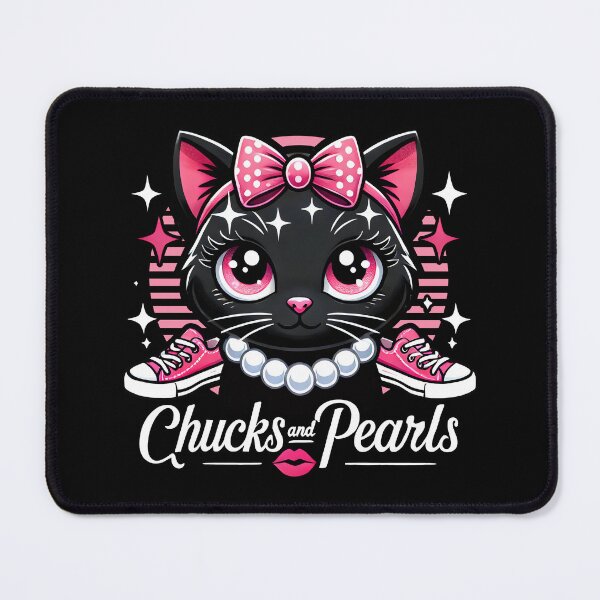 Item preview, Chucks and Pearls Kawaii Black Cat with Pink Bow and Sneakers designed and sold by DrawHandArt.