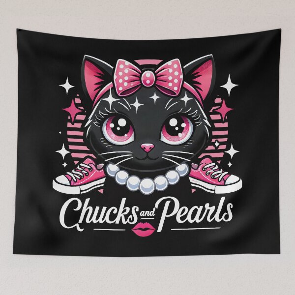 Item preview, Chucks and Pearls Kawaii Black Cat with Pink Bow and Sneakers  designed and sold by DrawHandArt.