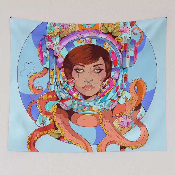 Item preview, Octupus illustration - space girl with tentacles - maximalist dopamine decor design designed and sold by marlenaki.