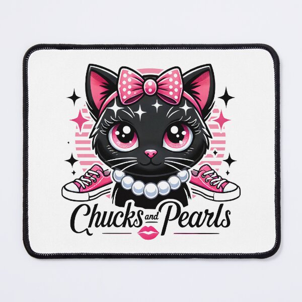 Item preview, Chucks and Pearls Kawaii Black Cat with Pink Bow and Sneakers designed and sold by DrawHandArt.
