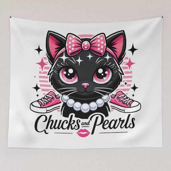 Item preview, Chucks and Pearls Kawaii Black Cat with Pink Bow and Sneakers  designed and sold by DrawHandArt.