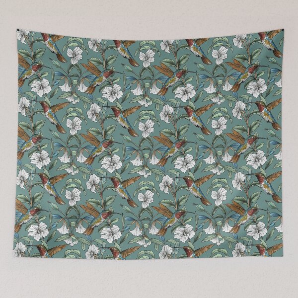 Item preview, Teal Hummingbird Floral Pattern designed and sold by kansaikate.