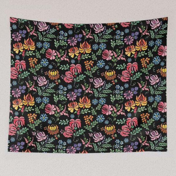 Item preview, Hungarian folk art watercolor flowers - black designed and sold by Blooming June Design.