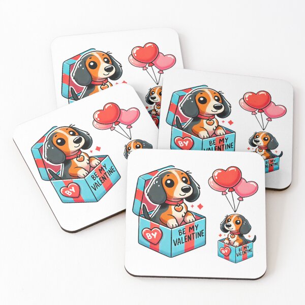Item preview, Valentine Puppy Beagle in Striped Box with Heart Balloons and "Be My Valentine" Tag - Cute Romantic Gift designed and sold by KreaDesignOne.