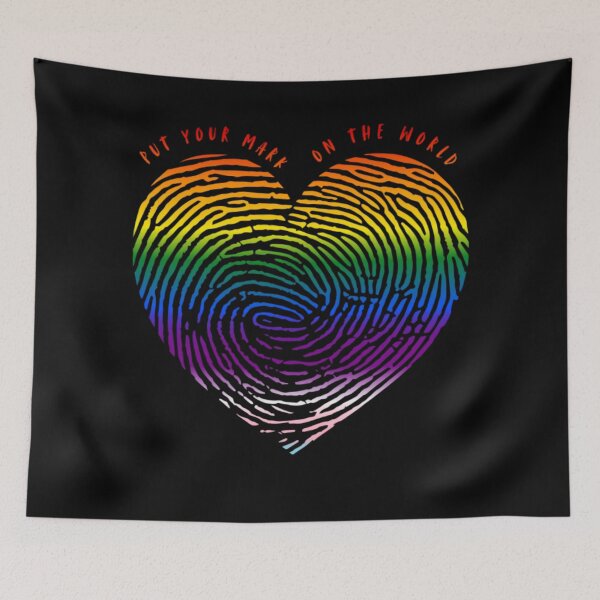 Item preview, Valentines Love, Progress pride flag graphic, Heart thumbprint Graphic, Put your mark on the world slogan, love, 14th February, Valentines Day, Self Love, Self Care, designed and sold by PrideBeProud.