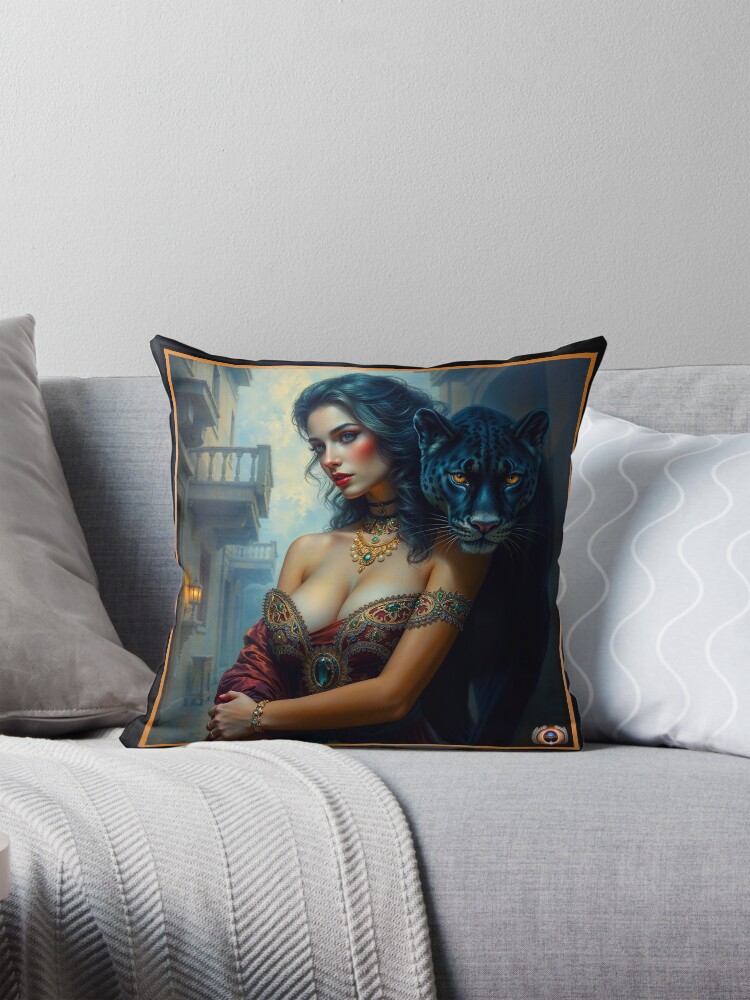 The Timeless Beauty Of Seraphina Valenzia Di Fiorella And Her Panther Enchanting AI Concept Art by Xzendor7 Decorative Art Print Throw Pillow