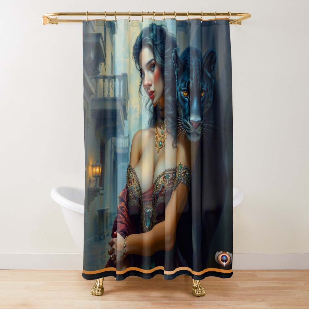 The Timeless Beauty Of Seraphina Valenzia Di Fiorella And Her Panther Enchanting AI Concept Art by Xzendor7 Decorative Art Print Shower Curtain