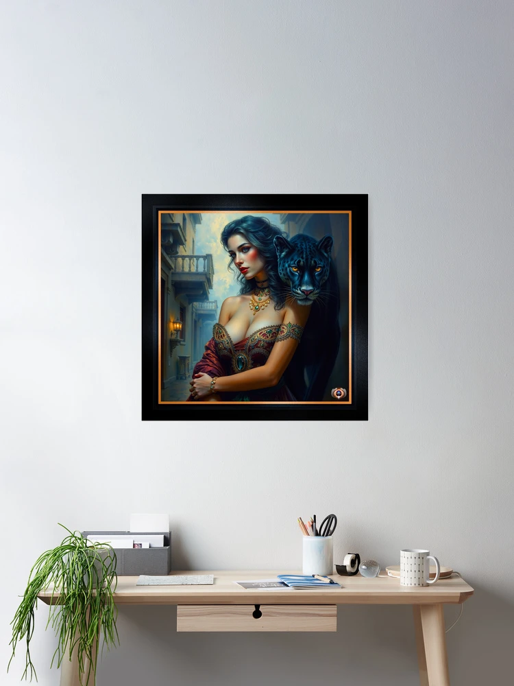 The Timeless Beauty Of Seraphina Valenzia Di Fiorella And Her Panther Enchanting AI Concept Art by Xzendor7 Room Decor Poster Art Print