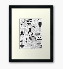 Doodle black & white funny fish pattern Framed Print