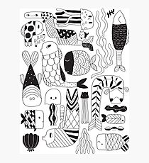 Doodle black & white funny fish pattern Photographic Print