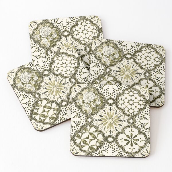 Item preview, Spanish Retro Style Mixed Floral and Geometric Tiles in Soft Green & Olive designed and sold by bala-sabina.