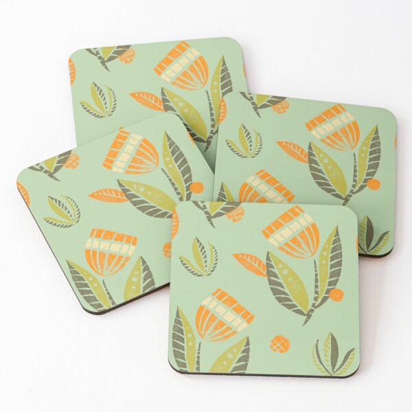 Item preview, Beautiful block printed flower pattern in green and orange on pistachio designed and sold by KOUZZA.
